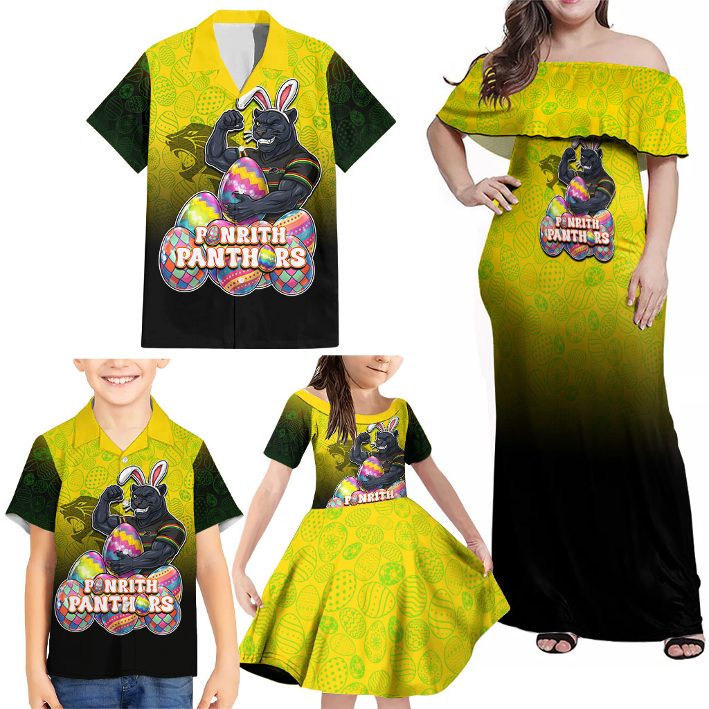 Personalized Penrith Panthers Family Matching Off Shoulder Maxi Dress and Hawaiian Shirt Easter Mascot - Colorful Eggs Cartoon Style