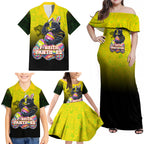 Personalized Penrith Panthers Family Matching Off Shoulder Maxi Dress and Hawaiian Shirt Easter Mascot - Colorful Eggs Cartoon Style