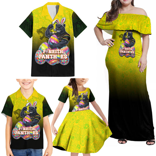 Personalized Penrith Panthers Family Matching Off Shoulder Maxi Dress and Hawaiian Shirt Easter Mascot - Colorful Eggs Cartoon Style