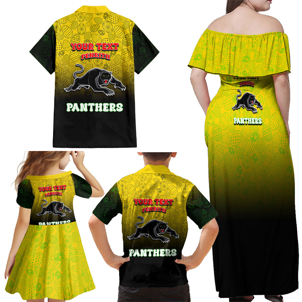 Personalized Penrith Panthers Family Matching Off Shoulder Maxi Dress and Hawaiian Shirt Easter Mascot - Colorful Eggs Cartoon Style