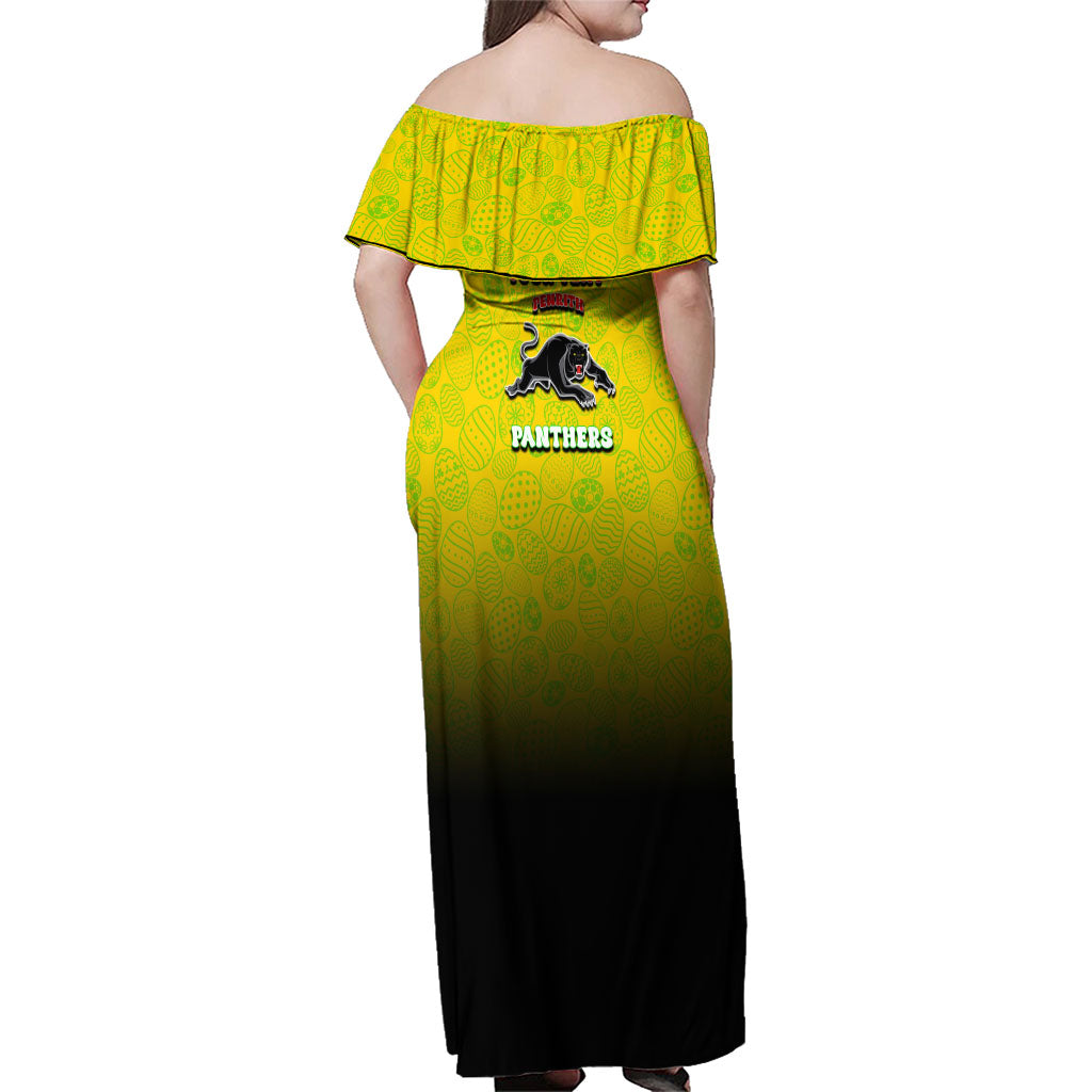 Personalized Penrith Panthers Family Matching Off Shoulder Maxi Dress and Hawaiian Shirt Easter Mascot - Colorful Eggs Cartoon Style