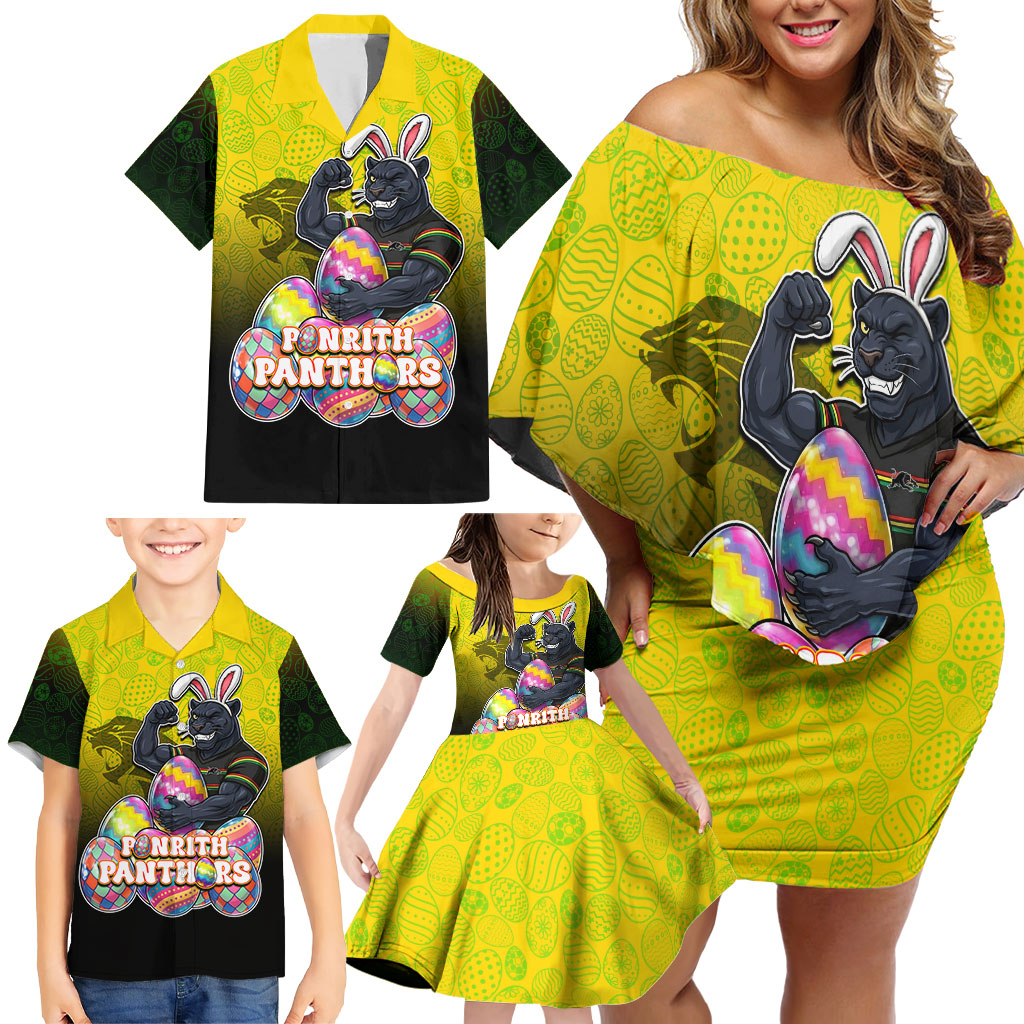 Personalized Penrith Panthers Family Matching Off Shoulder Short Dress and Hawaiian Shirt Easter Mascot - Colorful Eggs Cartoon Style