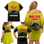 Personalized Penrith Panthers Family Matching Off Shoulder Short Dress and Hawaiian Shirt Easter Mascot - Colorful Eggs Cartoon Style