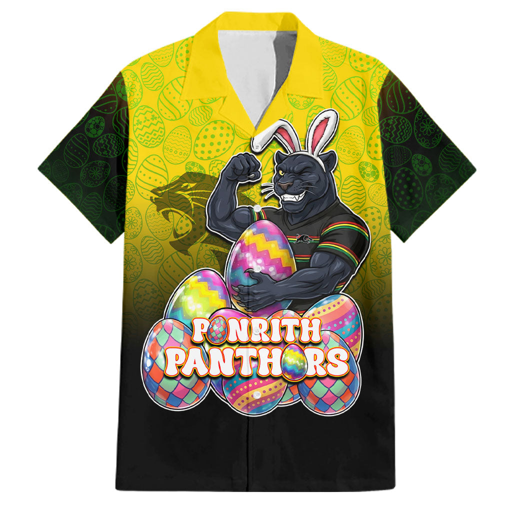 Personalized Penrith Panthers Family Matching Off Shoulder Short Dress and Hawaiian Shirt Easter Mascot - Colorful Eggs Cartoon Style