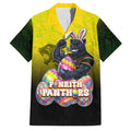 Personalized Penrith Panthers Family Matching Off Shoulder Short Dress and Hawaiian Shirt Easter Mascot - Colorful Eggs Cartoon Style