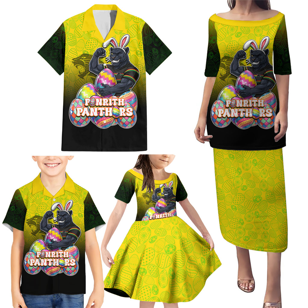 Personalized Penrith Panthers Family Matching Puletasi and Hawaiian Shirt Easter Mascot - Colorful Eggs Cartoon Style