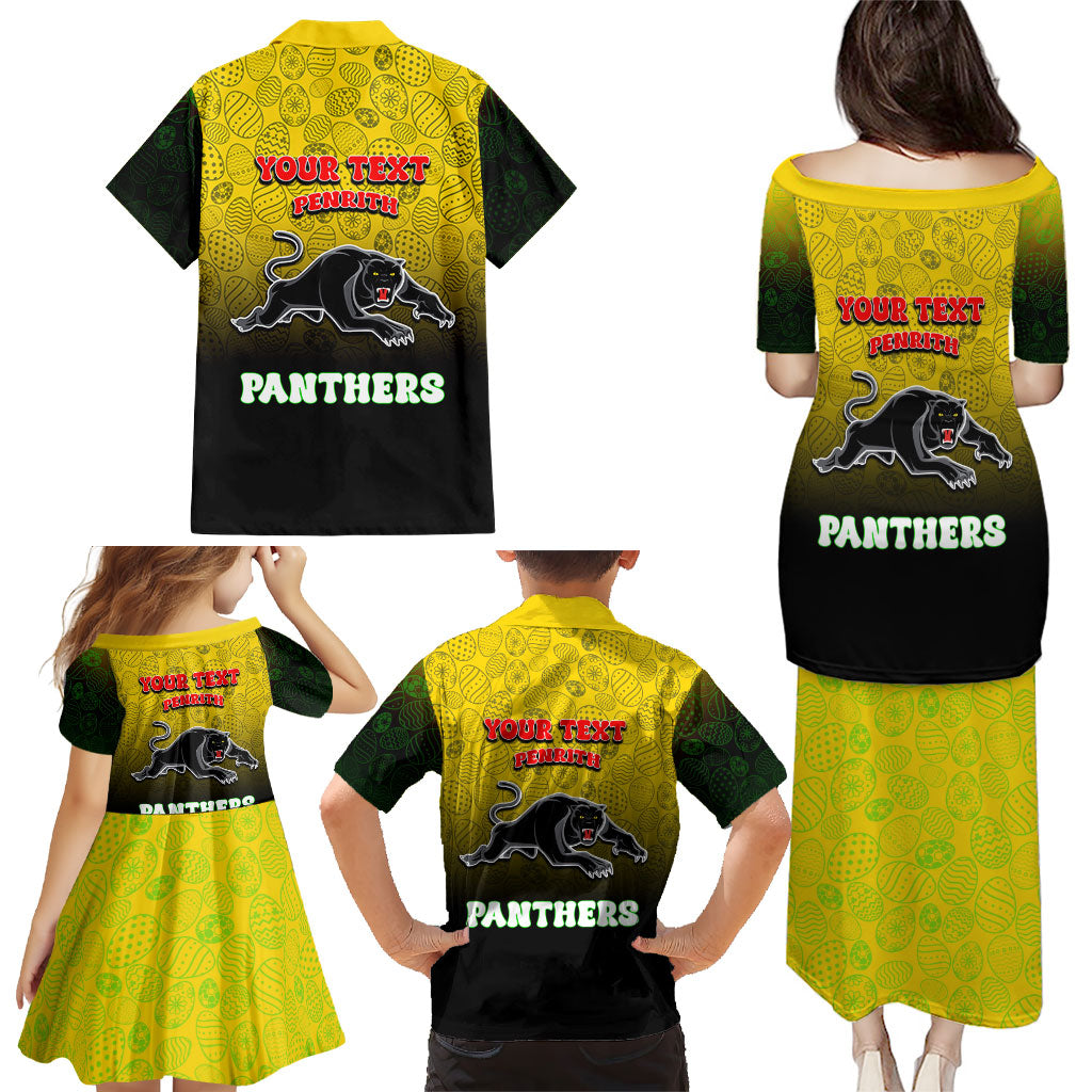 Personalized Penrith Panthers Family Matching Puletasi and Hawaiian Shirt Easter Mascot - Colorful Eggs Cartoon Style
