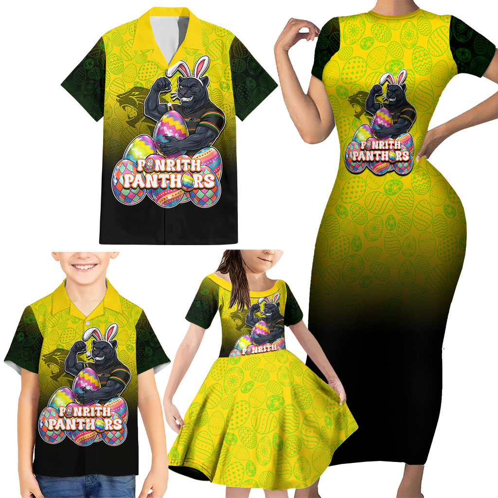 Personalized Penrith Panthers Family Matching Short Sleeve Bodycon Dress and Hawaiian Shirt Easter Mascot - Colorful Eggs Cartoon Style