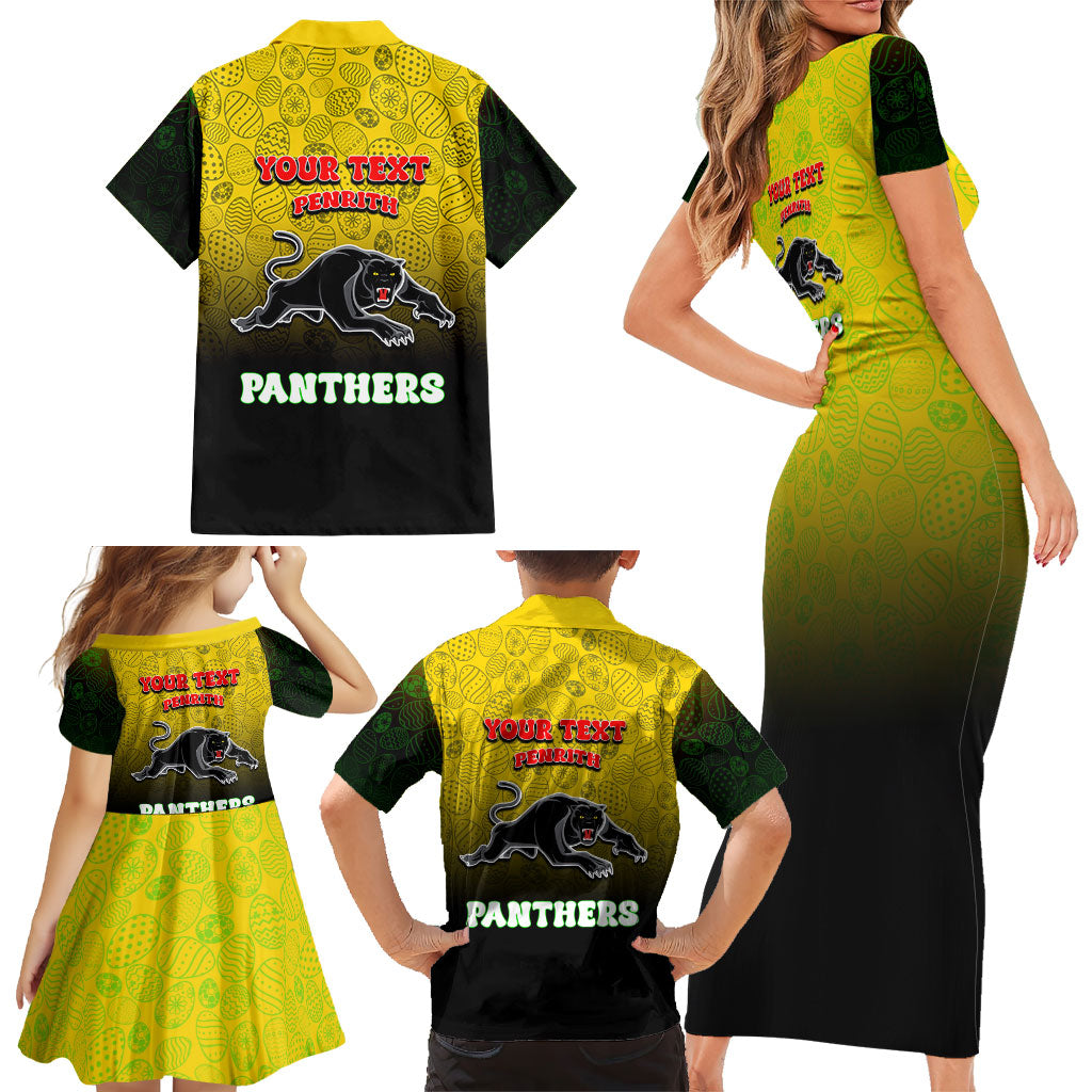 Personalized Penrith Panthers Family Matching Short Sleeve Bodycon Dress and Hawaiian Shirt Easter Mascot - Colorful Eggs Cartoon Style