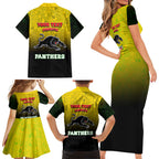 Personalized Penrith Panthers Family Matching Short Sleeve Bodycon Dress and Hawaiian Shirt Easter Mascot - Colorful Eggs Cartoon Style