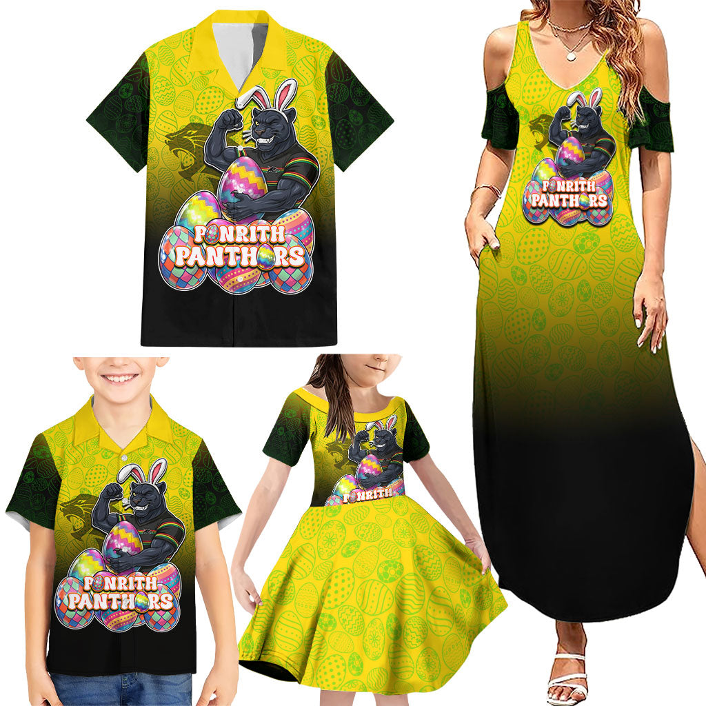 Personalized Penrith Panthers Family Matching Summer Maxi Dress and Hawaiian Shirt Easter Mascot - Colorful Eggs Cartoon Style