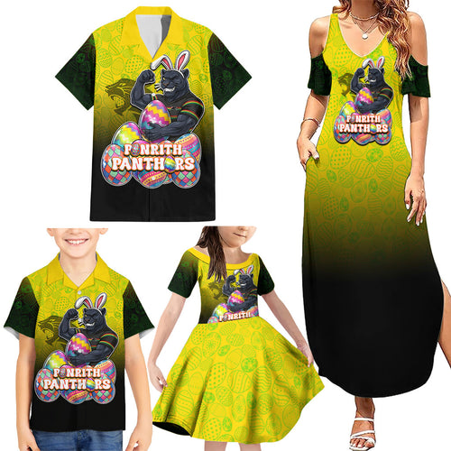 Personalized Penrith Panthers Family Matching Summer Maxi Dress and Hawaiian Shirt Easter Mascot - Colorful Eggs Cartoon Style