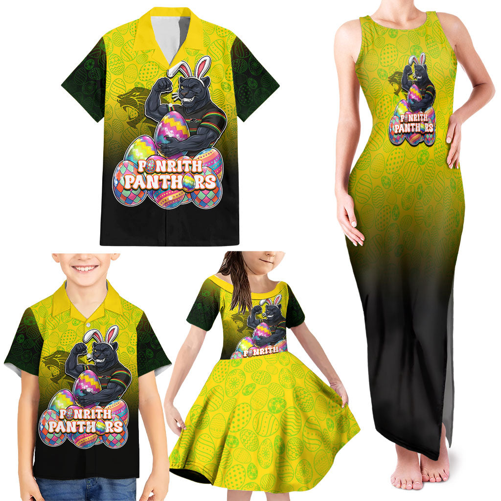 Personalized Penrith Panthers Family Matching Tank Maxi Dress and Hawaiian Shirt Easter Mascot - Colorful Eggs Cartoon Style