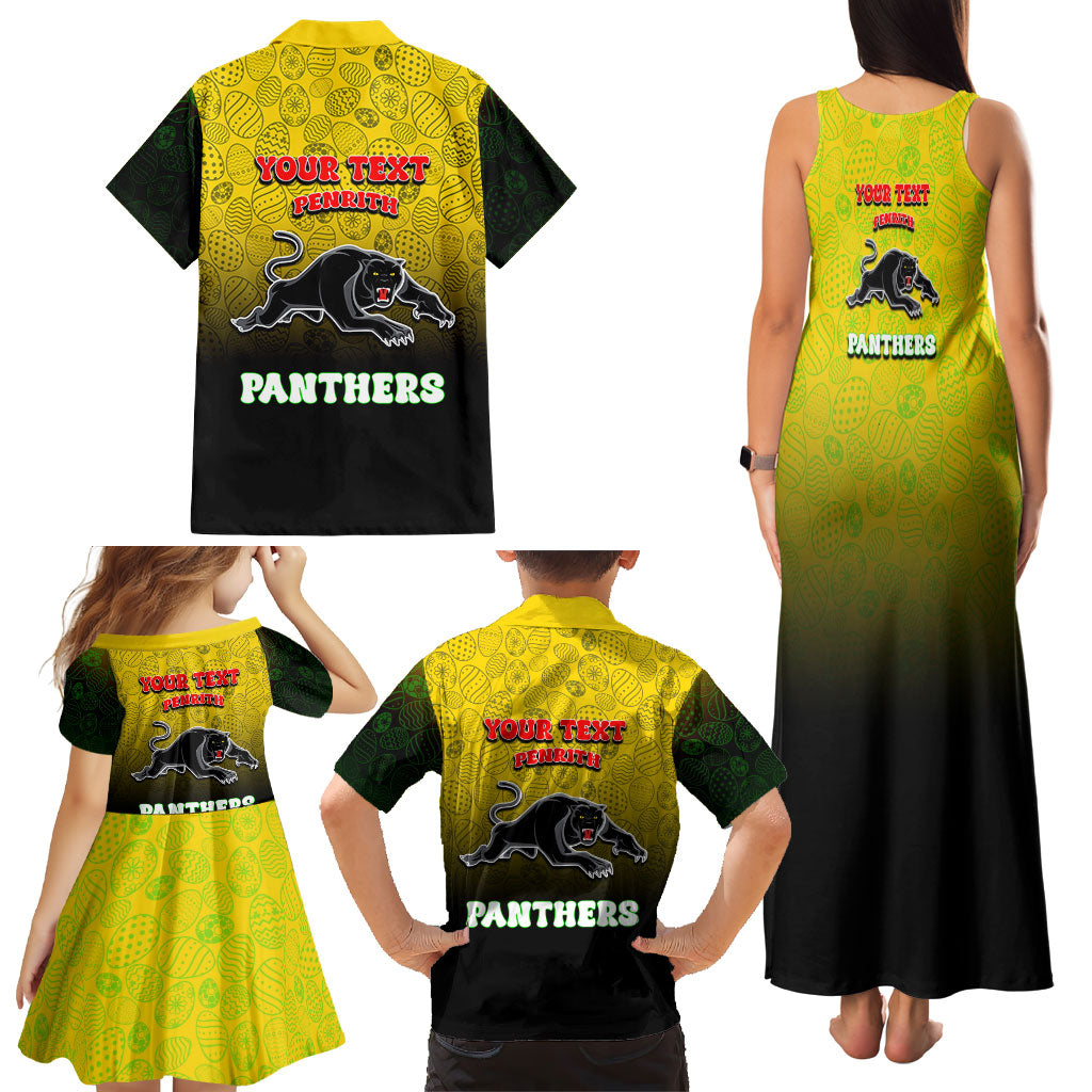 Personalized Penrith Panthers Family Matching Tank Maxi Dress and Hawaiian Shirt Easter Mascot - Colorful Eggs Cartoon Style