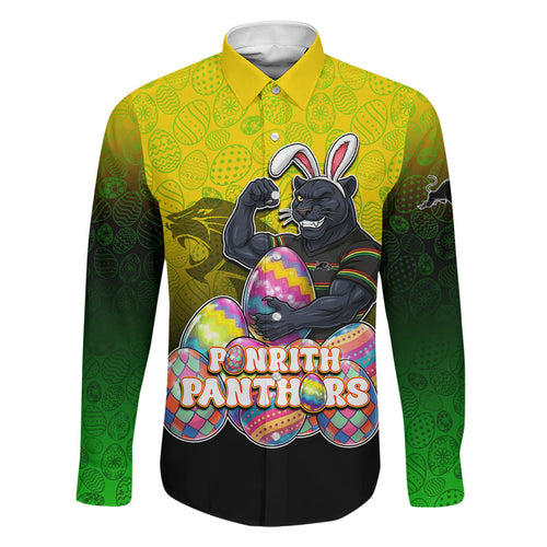 Personalized Penrith Panthers Family Matching Tank Maxi Dress and Hawaiian Shirt Easter Mascot - Colorful Eggs Cartoon Style