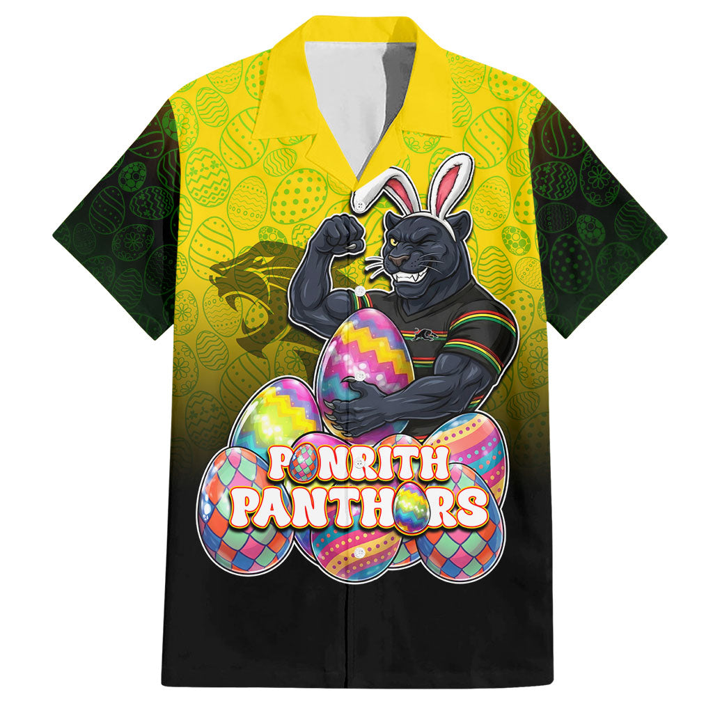 Personalized Penrith Panthers Hawaiian Shirt Easter Mascot - Colorful Eggs Cartoon Style