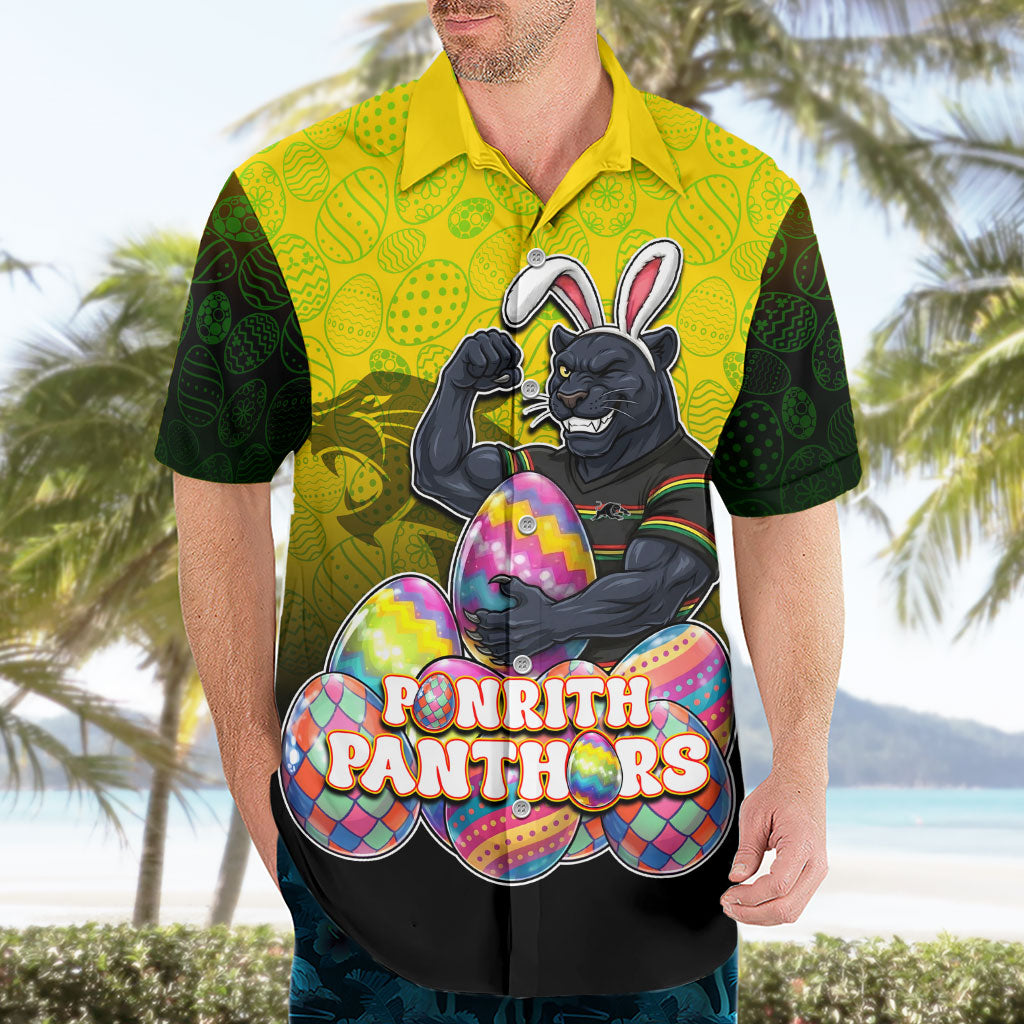 Personalized Penrith Panthers Hawaiian Shirt Easter Mascot - Colorful Eggs Cartoon Style