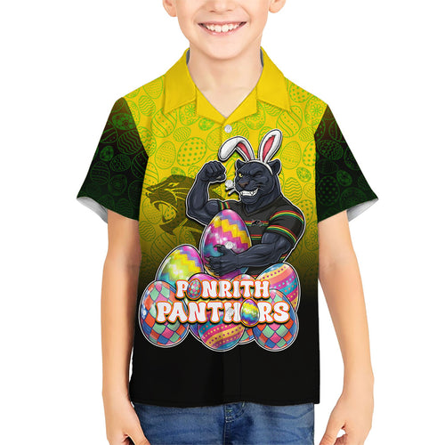 Personalized Penrith Panthers Hawaiian Shirt Easter Mascot - Colorful Eggs Cartoon Style