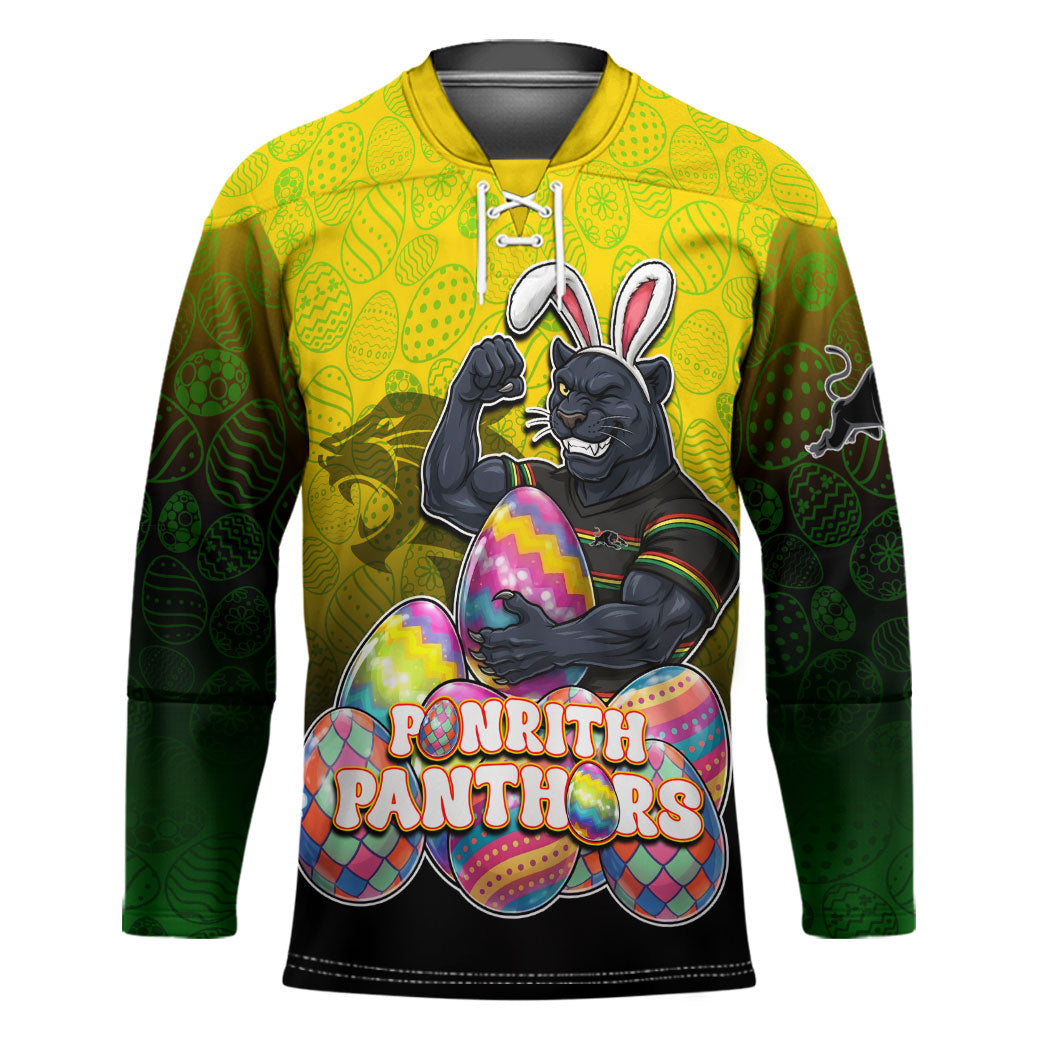 Personalized Penrith Panthers Hockey Jersey Easter Mascot - Colorful Eggs Cartoon Style