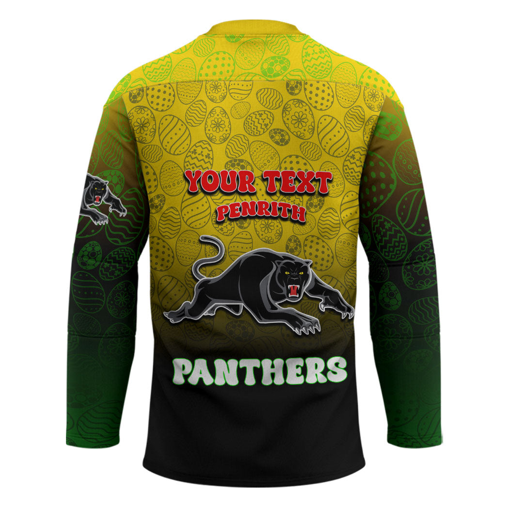Personalized Penrith Panthers Hockey Jersey Easter Mascot - Colorful Eggs Cartoon Style