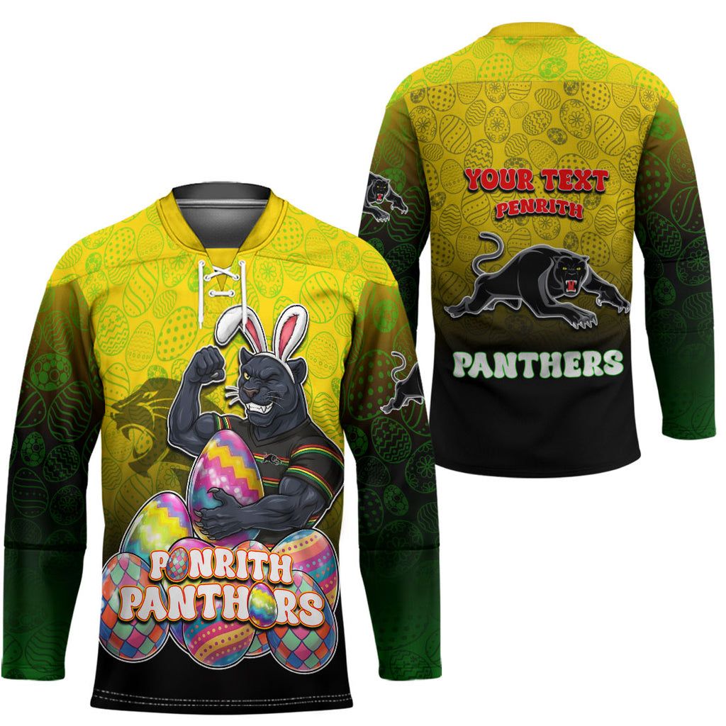 Personalized Penrith Panthers Hockey Jersey Easter Mascot - Colorful Eggs Cartoon Style