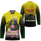 Personalized Penrith Panthers Hockey Jersey Easter Mascot - Colorful Eggs Cartoon Style