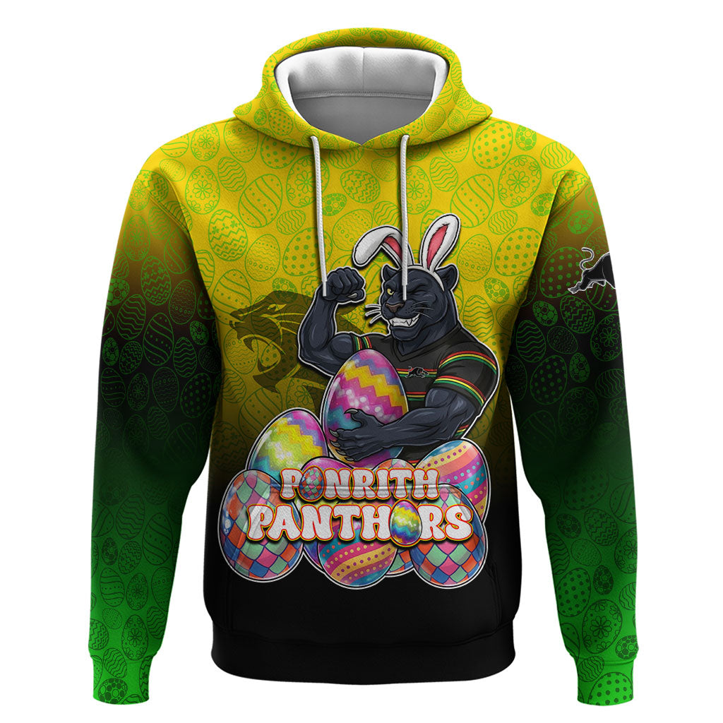 Personalized Penrith Panthers Hoodie Easter Mascot - Colorful Eggs Cartoon Style