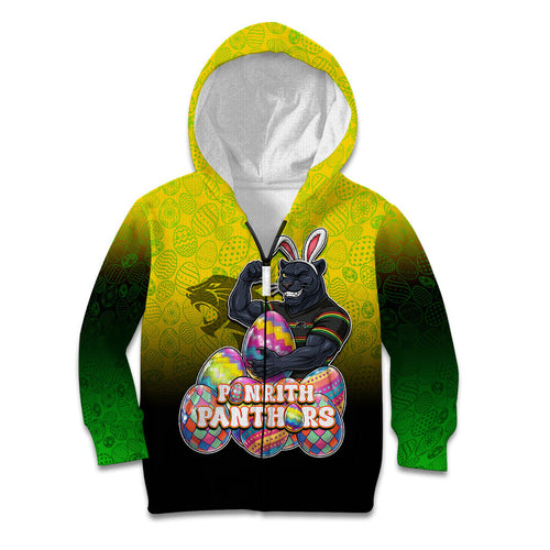 Personalized Penrith Panthers Kid Hoodie Easter Mascot - Colorful Eggs Cartoon Style