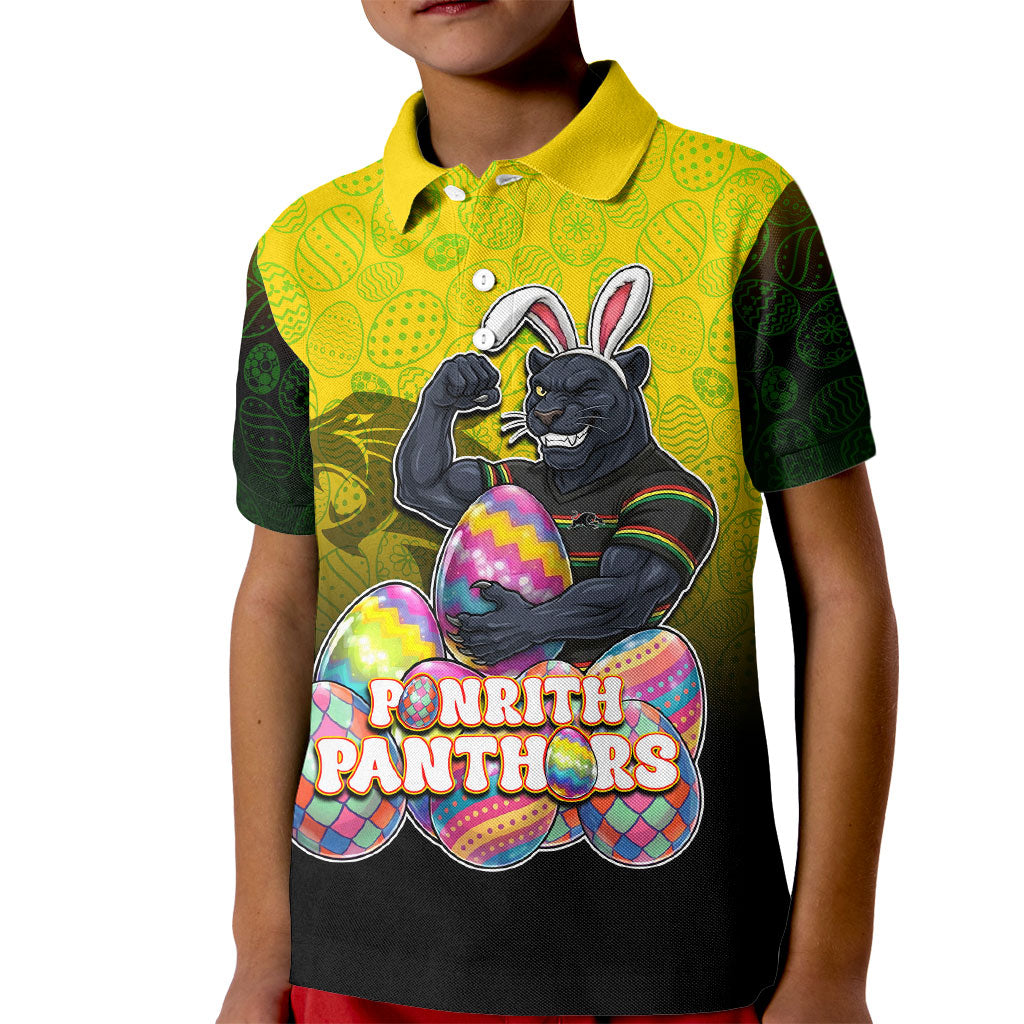 Personalized Penrith Panthers Kid Polo Shirt Easter Mascot - Colorful Eggs Cartoon Style
