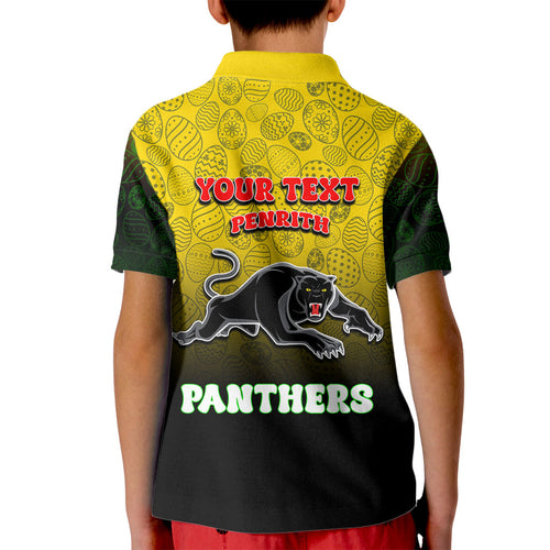 Personalized Penrith Panthers Kid Polo Shirt Easter Mascot - Colorful Eggs Cartoon Style