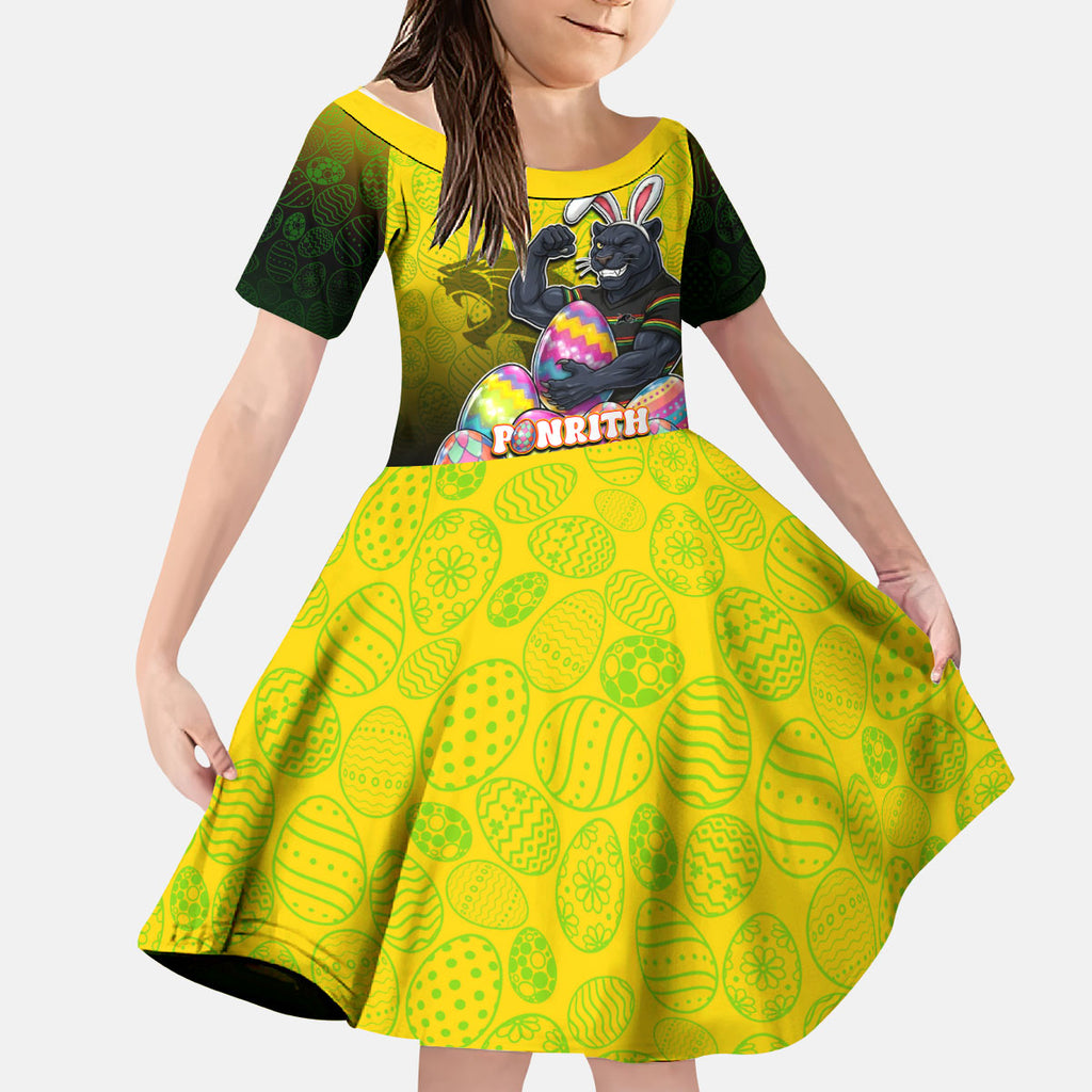 Personalized Penrith Panthers Kid Short Sleeve Dress Easter Mascot - Colorful Eggs Cartoon Style