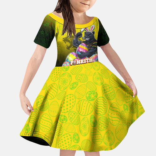 Personalized Penrith Panthers Kid Short Sleeve Dress Easter Mascot - Colorful Eggs Cartoon Style