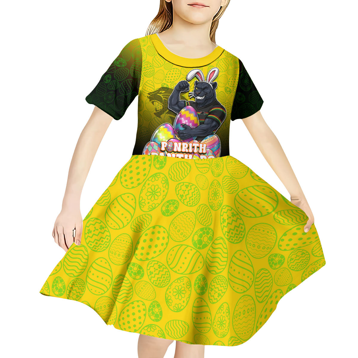 Personalized Penrith Panthers Kid Short Sleeve Dress Easter Mascot - Colorful Eggs Cartoon Style
