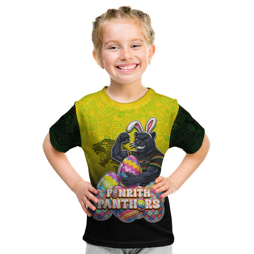 Personalized Penrith Panthers Kid T Shirt Easter Mascot - Colorful Eggs Cartoon Style
