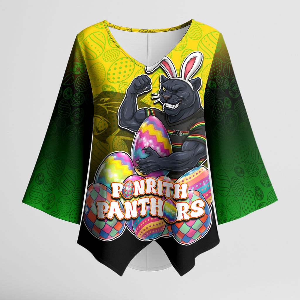 Personalized Penrith Panthers Kimono Sleeve Blouse Easter Mascot - Colorful Eggs Cartoon Style