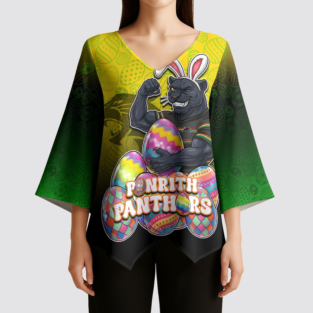 Personalized Penrith Panthers Kimono Sleeve Blouse Easter Mascot - Colorful Eggs Cartoon Style