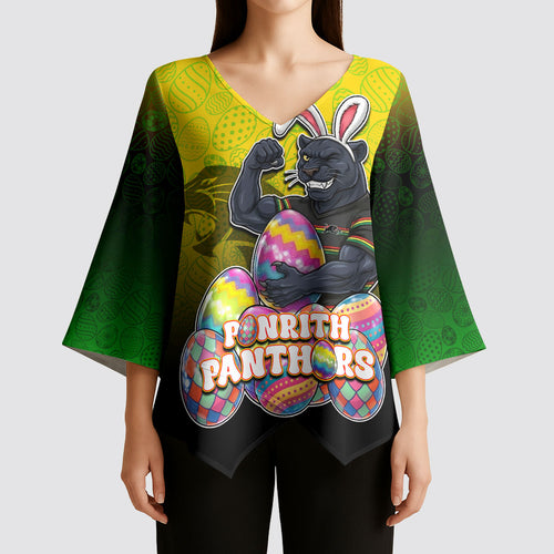 Personalized Penrith Panthers Kimono Sleeve Blouse Easter Mascot - Colorful Eggs Cartoon Style