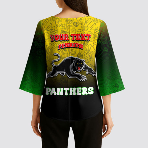 Personalized Penrith Panthers Kimono Sleeve Blouse Easter Mascot - Colorful Eggs Cartoon Style