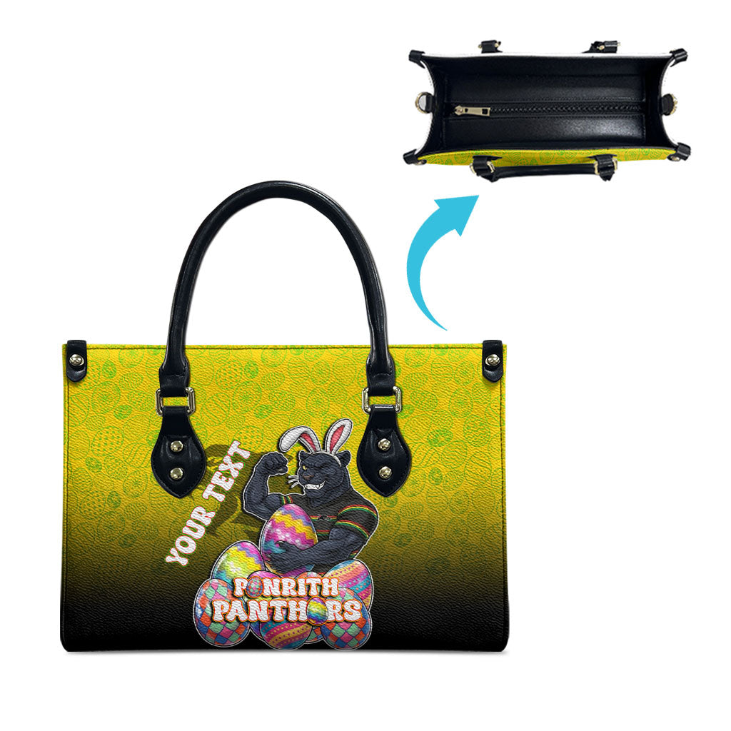 Personalized Penrith Panthers Leather Bag Easter Mascot - Colorful Eggs Cartoon Style