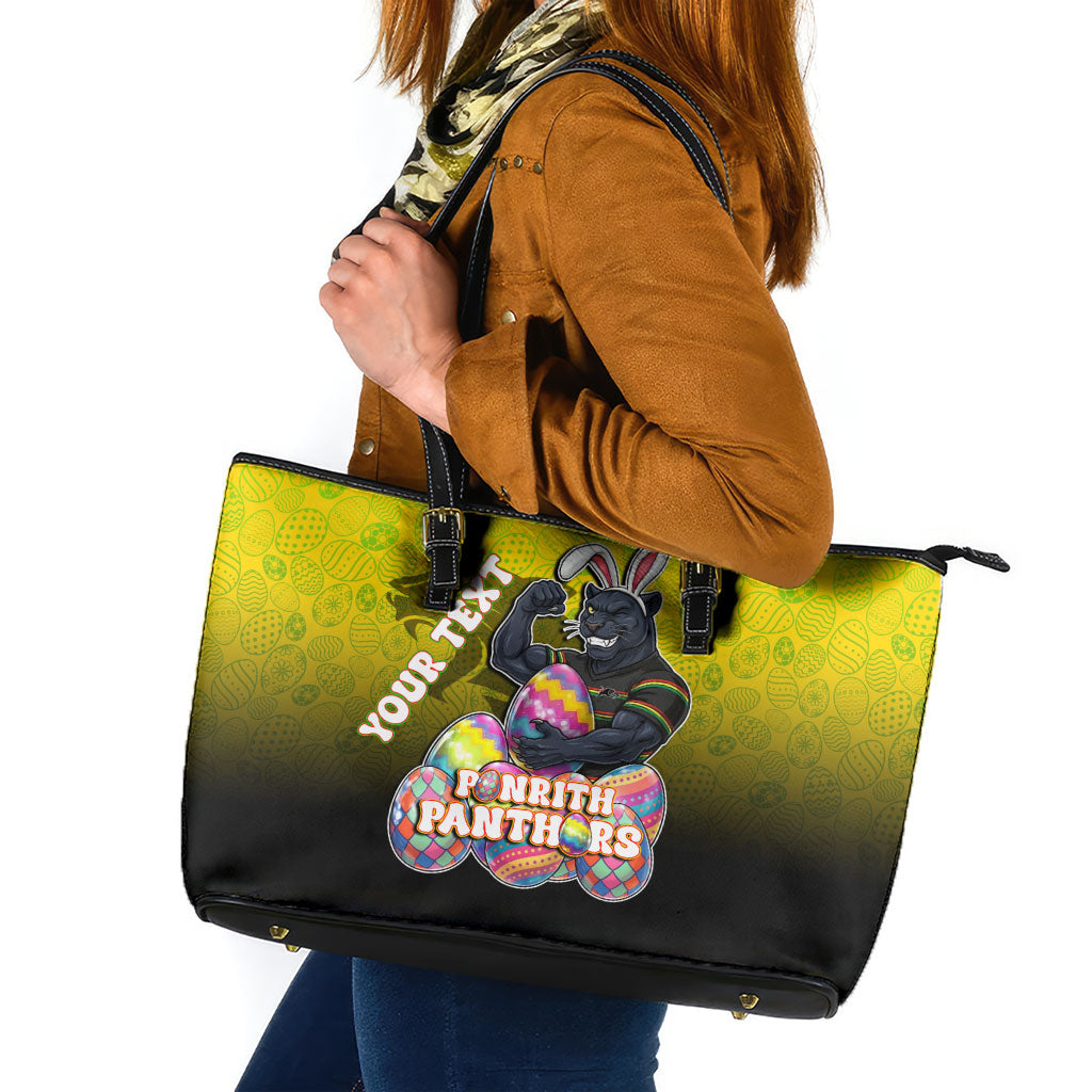 Personalized Penrith Panthers Leather Tote Bag Easter Mascot - Colorful Eggs Cartoon Style
