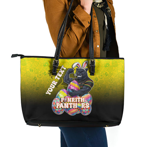 Personalized Penrith Panthers Leather Tote Bag Easter Mascot - Colorful Eggs Cartoon Style