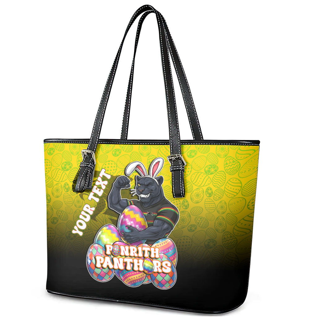 Personalized Penrith Panthers Leather Tote Bag Easter Mascot - Colorful Eggs Cartoon Style