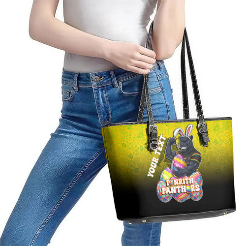 Personalized Penrith Panthers Leather Tote Bag Easter Mascot - Colorful Eggs Cartoon Style