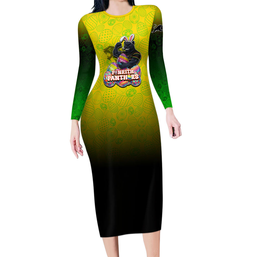 Personalized Penrith Panthers Long Sleeve Bodycon Dress Easter Mascot - Colorful Eggs Cartoon Style