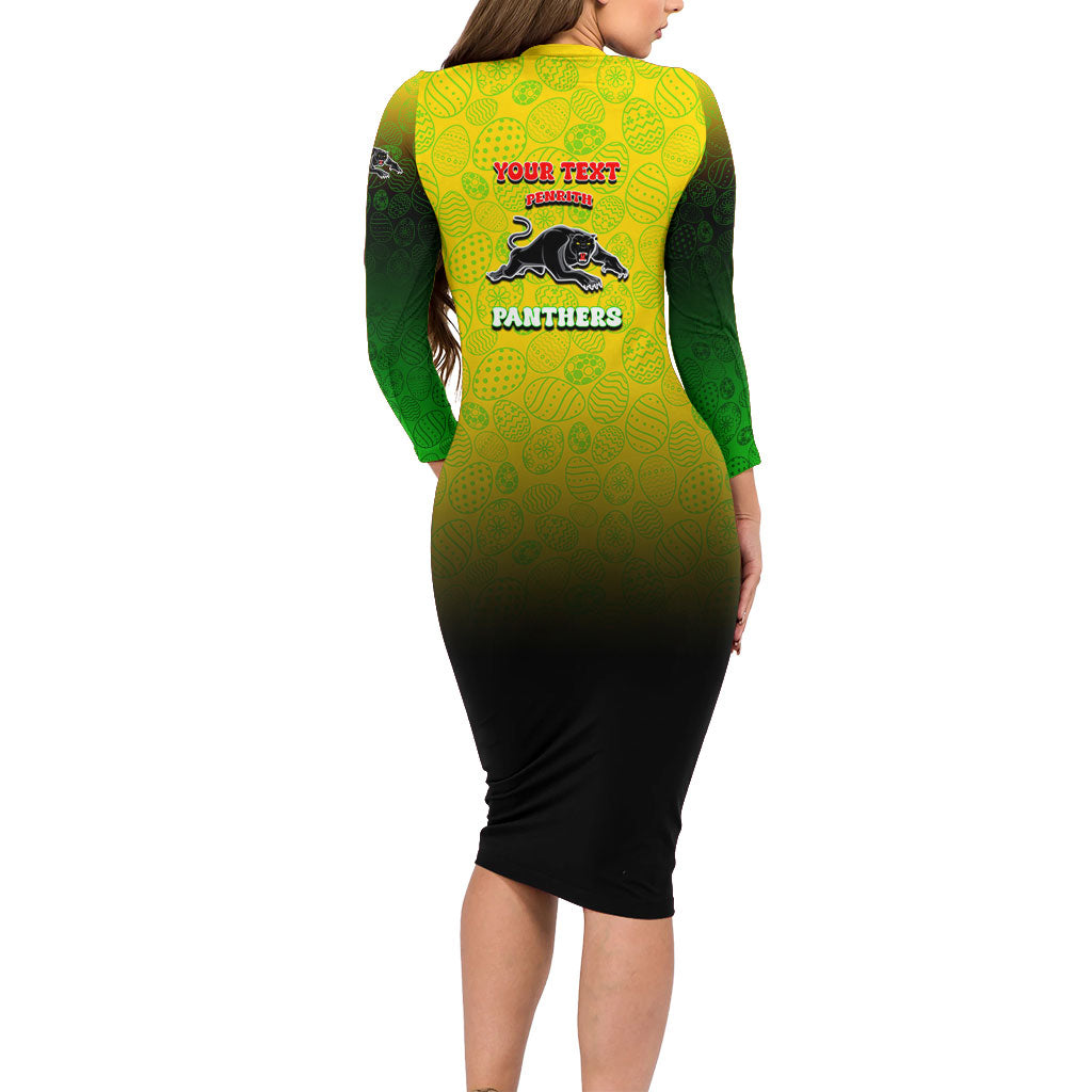 Personalized Penrith Panthers Long Sleeve Bodycon Dress Easter Mascot - Colorful Eggs Cartoon Style