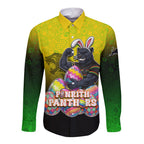 Personalized Penrith Panthers Long Sleeve Button Shirt Easter Mascot - Colorful Eggs Cartoon Style