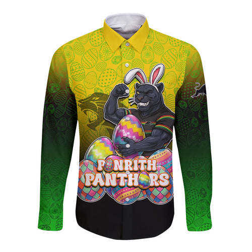 Personalized Penrith Panthers Long Sleeve Button Shirt Easter Mascot - Colorful Eggs Cartoon Style