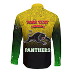 Personalized Penrith Panthers Long Sleeve Button Shirt Easter Mascot - Colorful Eggs Cartoon Style
