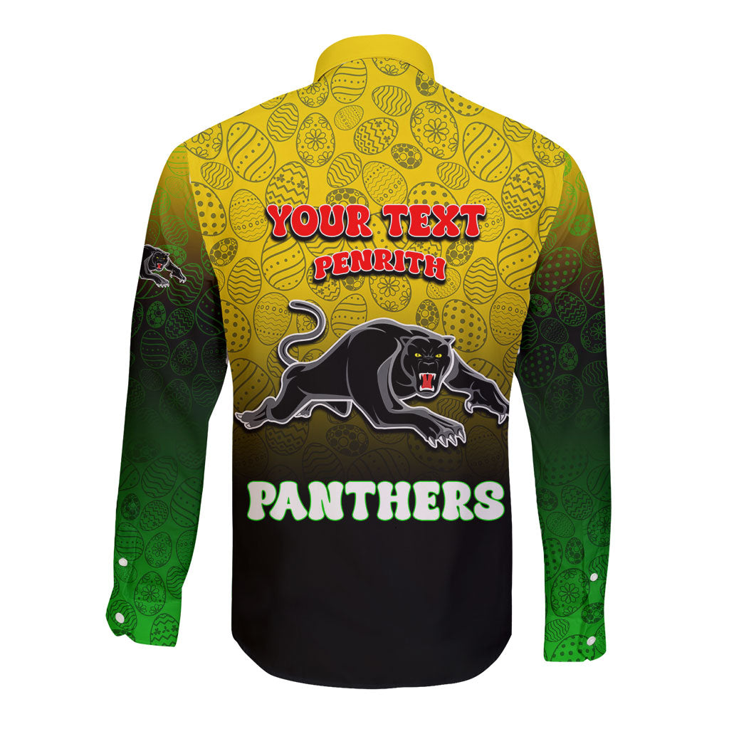Personalized Penrith Panthers Long Sleeve Button Shirt Easter Mascot - Colorful Eggs Cartoon Style