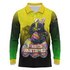 Personalized Penrith Panthers Long Sleeve Polo Shirt Easter Mascot - Colorful Eggs Cartoon Style